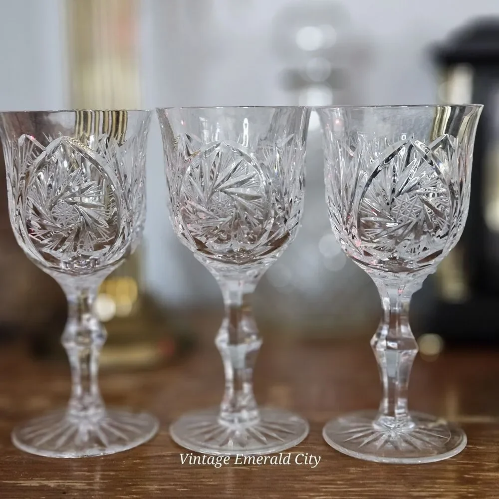Vtg American Cut Crystal Co. ELEANOR Star & Fan Cut Pattern Wine Goblet Set Of 3